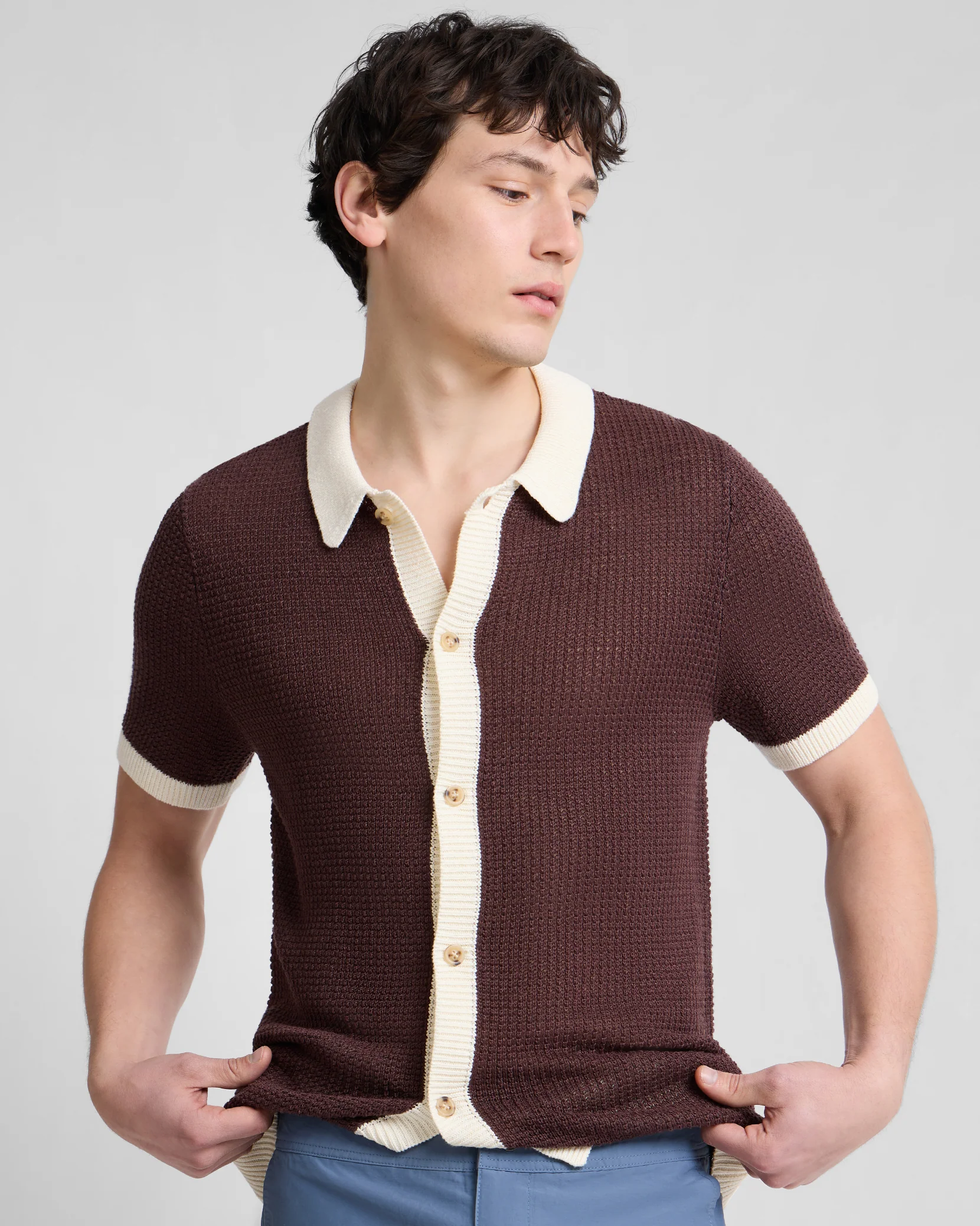 Linen Short Sleeve Button Up Sweater - Image 3